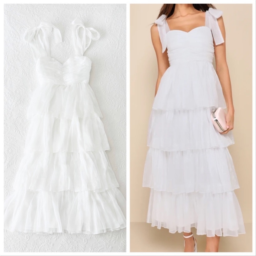 COPY - NWOT Lulus Radiant Arrival Shiny White Organza Tiered Tie-Strap Maxi Dre…
